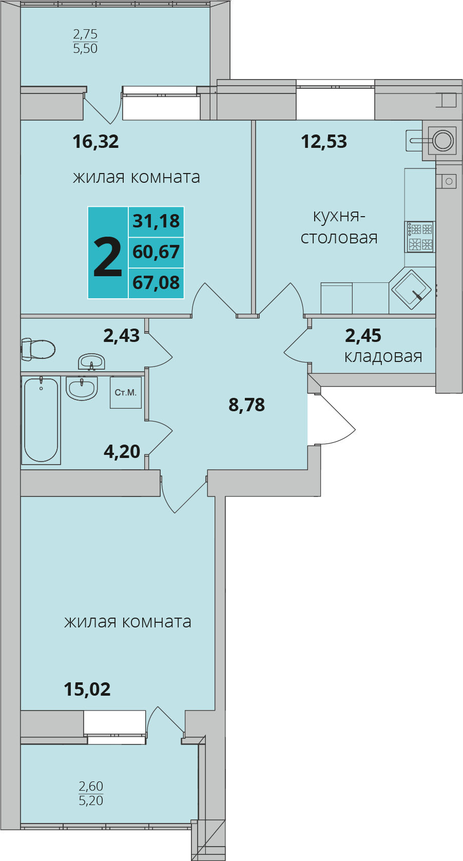 Дом №15, Секция 1, Этаж 2, 2-комнатная, 67.08 м2 | Кречетников парк